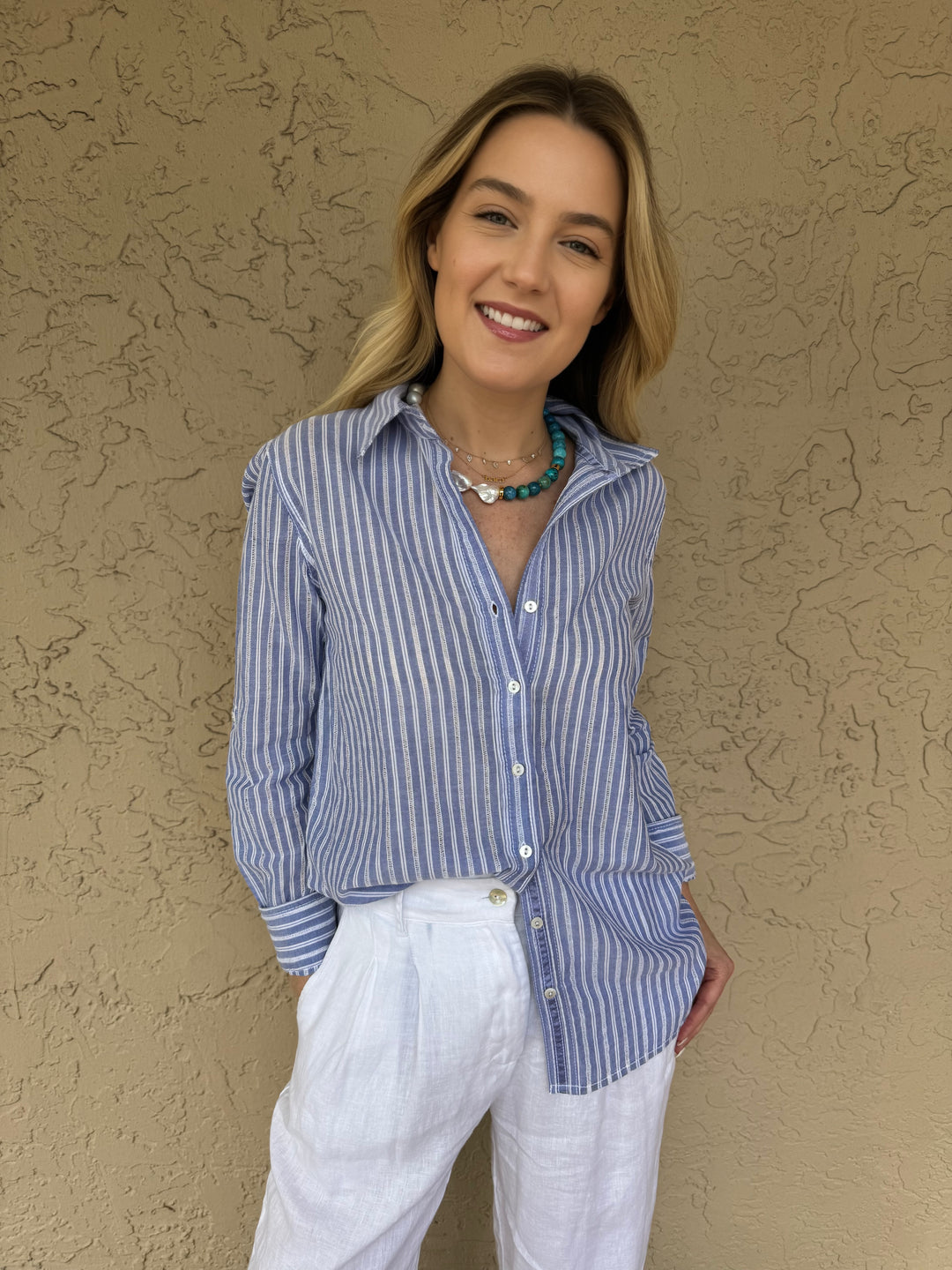 CINO Positano Stripe Boyfriend Shirt - Blue