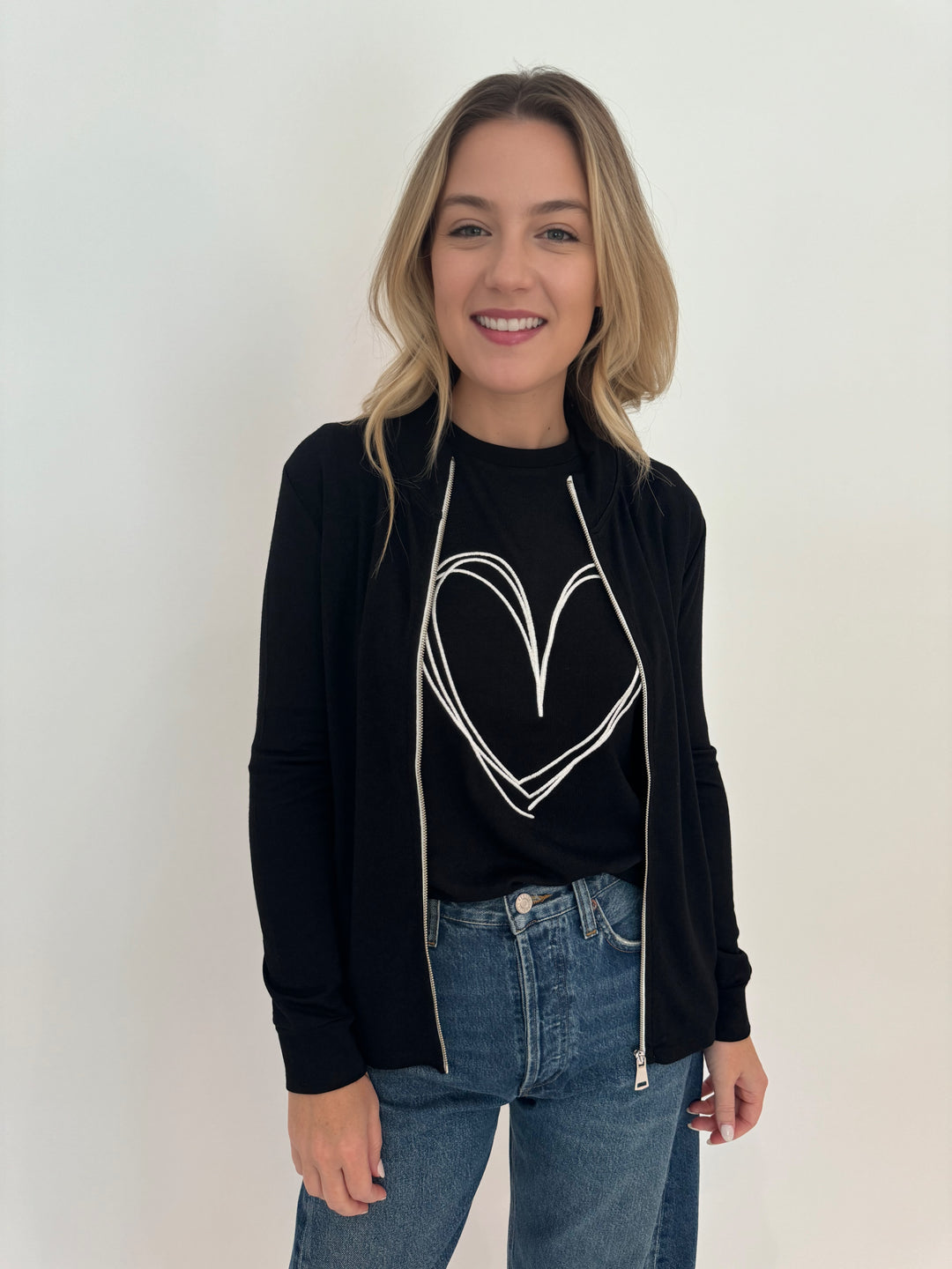 Barbara Katz Erica Heart Scoop Neck Top in Black layered with Ellen Heart Zip Up Jacket