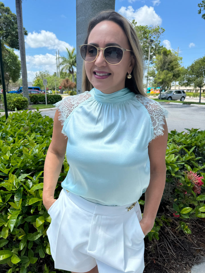 Generation Love Rachel Halter Blouse in Seafoam, silk top with mock neck, delicate lace shoulders, and tie closure at the back