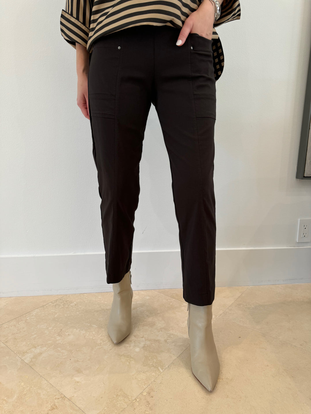 Elliott Lauren Crop Cargo Pants With Rivet Details in Chocolate, pull-on style with elastic waist, front pockets, rivet details, straight leg and cropped length