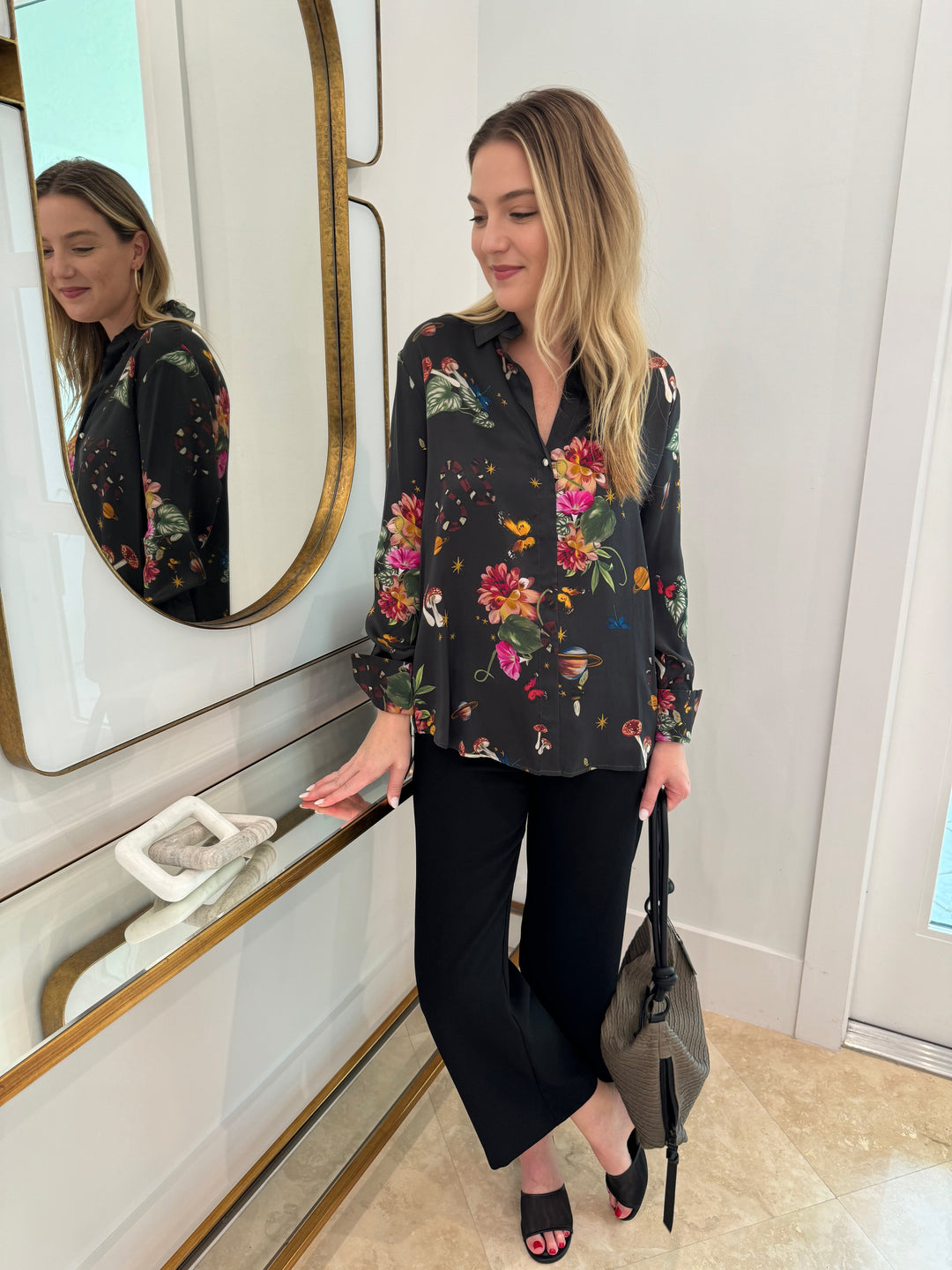 Catherine Gee Daria Silk Shirt in Serpentine print paired with MAC Chiara Crop Floating Crepe Pants in Black, Daniella Lehavi Dallas Shoulder Bag in Wavy Mocca