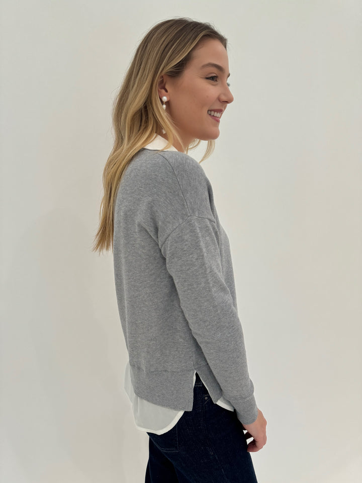 Elliott Lauren Double Layer V-Neck Long Sleeve Sweater With Shirting in Heather Grey