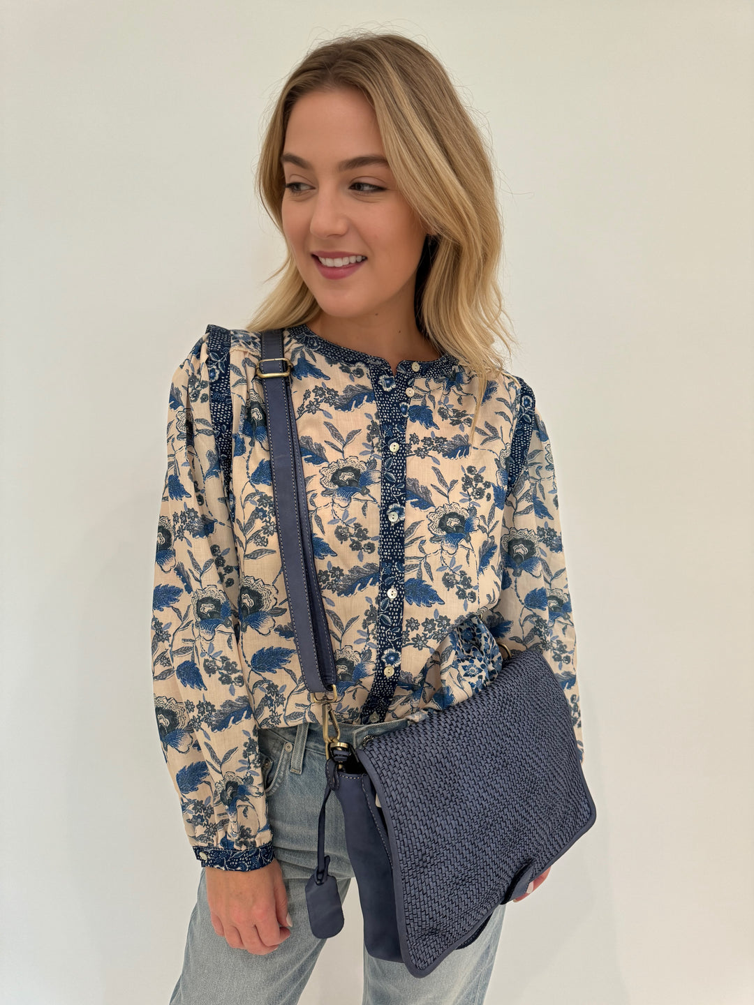 Barbara Katz Lucy Floral Mix Print Blouse in Blue, with BK Intrecciato Crossbody Bag in Denim available at barbarakatzshop.com