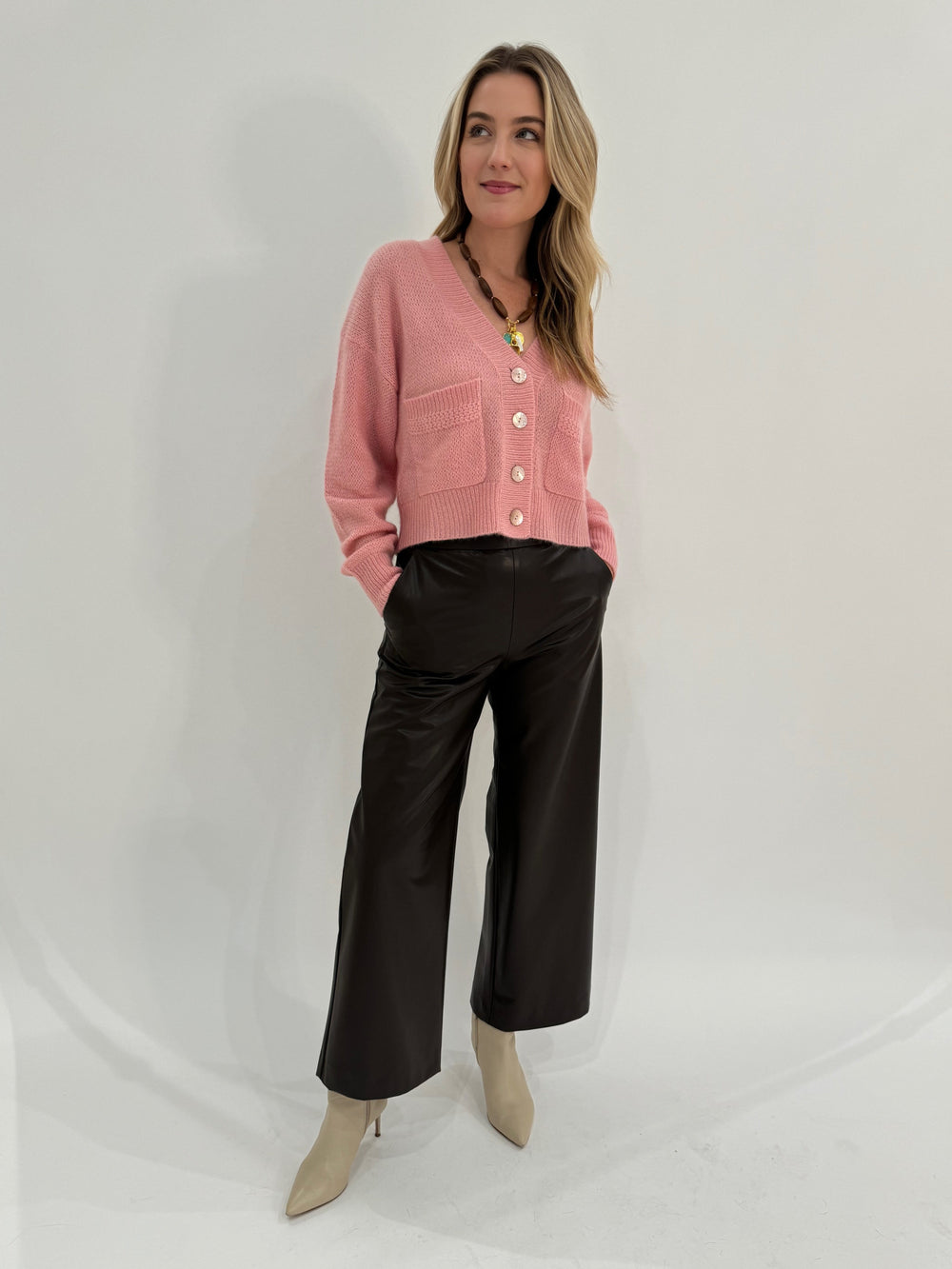 Colorush Amara Lolas Cropped Bomber Cardigan in Tea Rose paired with Raffaello Rossi Palina 6/8 Pants in Tabak available at Barbara Katz