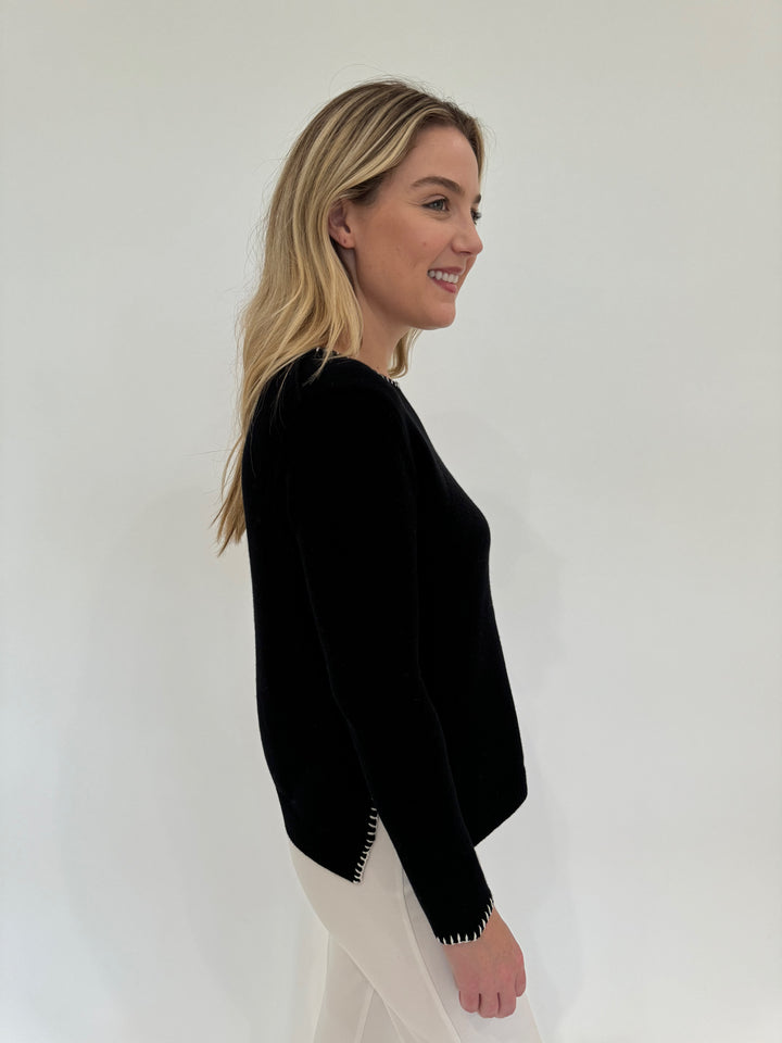 Elliott Lauren Whipstitch Crew Neck Long Sleeve Sweater in Black available at Barbara Katz