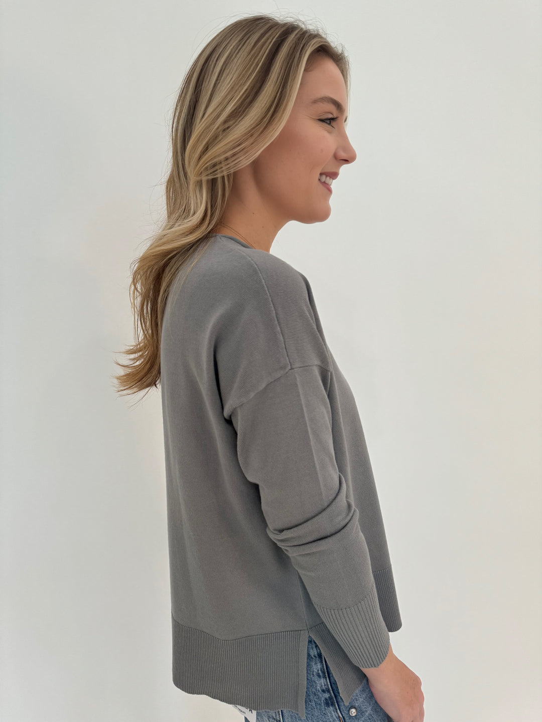 BK Stella Roll Crew Neck Long Sleeve Sweater in Wild Dove Grey available at Barbara Katz