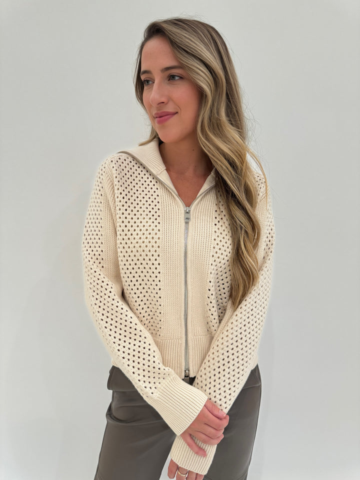 Varley Farina Full-Zip Knit Sweater in Whitecap Grey available at Barbara Katz