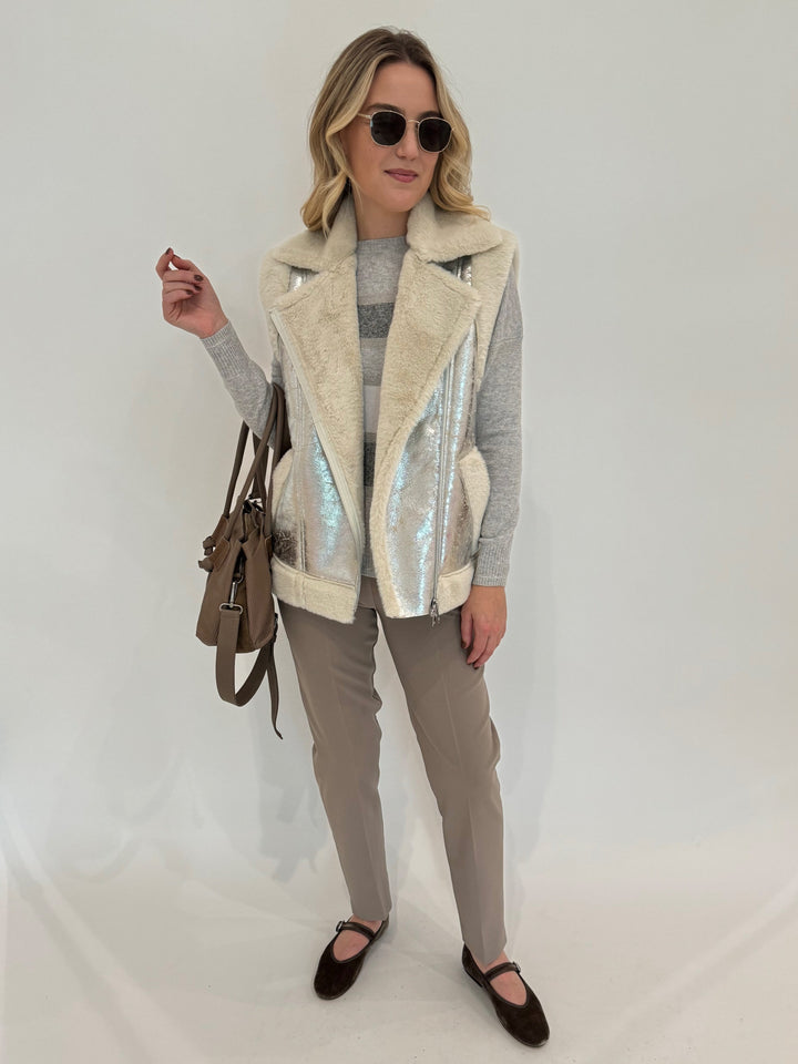 D.Exterior Multi Stripe Crew Sweater in Cenere layered with Metallic Vest in Onice, paired with EW Straight Leg Trouser in Visone, Daniella Lehavi Eveline Satchel Bag in Mocca Stripes, Le Specs Neptune Deux Sunglasses - all available at Barbara Katz