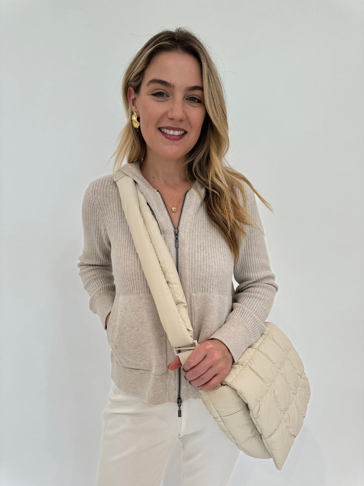 Kinross Cashmere Rib Zip Hoodie in Champagne with Vee Collective Porter Messenger Bag  in Birch available at Barbara Katz