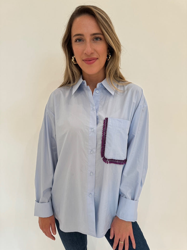 Essentiel Antwerp Get Embellished Shirt in Inges Kitchen Blue available at Barbara Katz