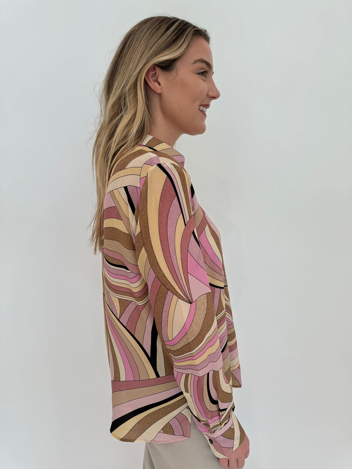 Marella Monochrome Minerva Silk Crepe Shirt in Natural Waves available at Barbara Katz