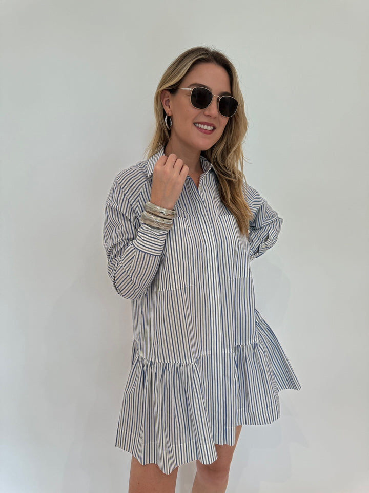 Simkhai Polina Shirt Mini Dress - Cool Gray Stripe with Le Specs Neptune Deux Sunglasses, Alexis Bittar Brut Tube Hoop Earrings in Silver, BK Silver Cobra Cuff and Bracelet - all available at Barbara Katz