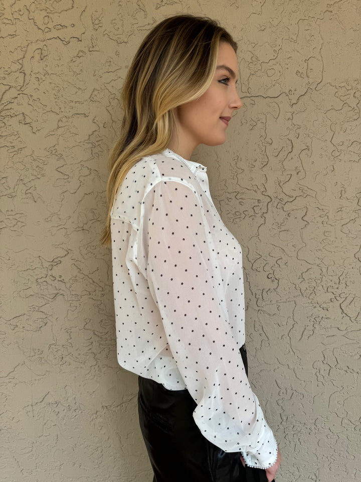 Generation Love Mercy Polka Dot Georgette Long Sleeve Shirt - White/Black