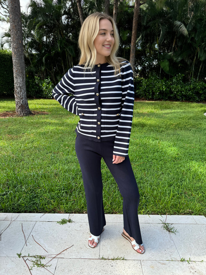 BK Dina Striped Sweater Cardigan in Navy paired with Demi Full-Length Sweater Pants in Navy available at Barbara Katz