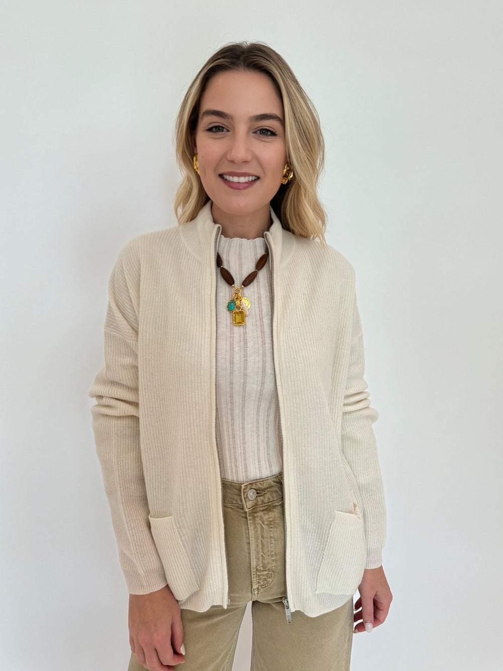 Colorush Ringo Rib Bomber Cardigan in Organic White available at Barbara Katz