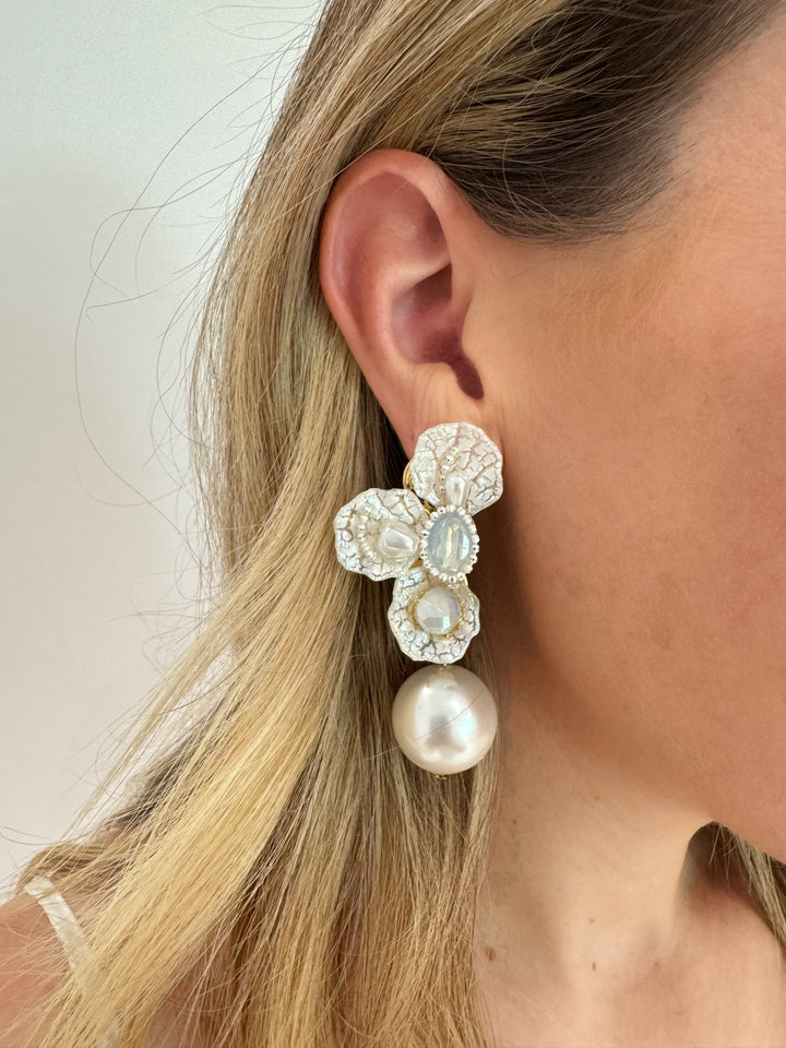 Barbara Katz Jewelry Fiona Flower & Pearl Earrings - White