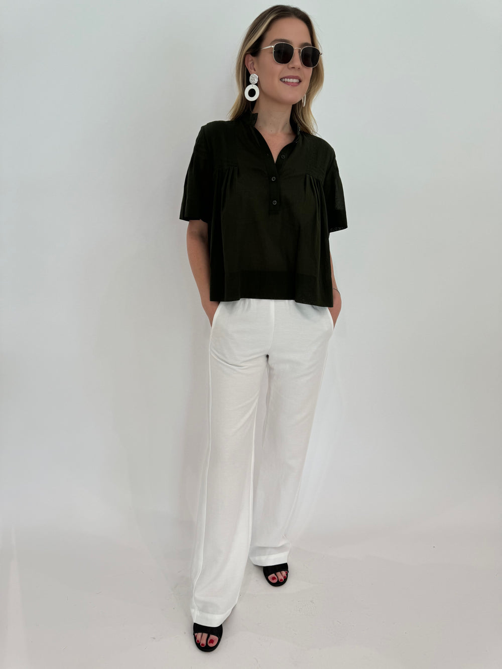 Enza Costa Twill Everywhere Pant in Off White paired with Frame Pleated Button-Up Blouse in Military