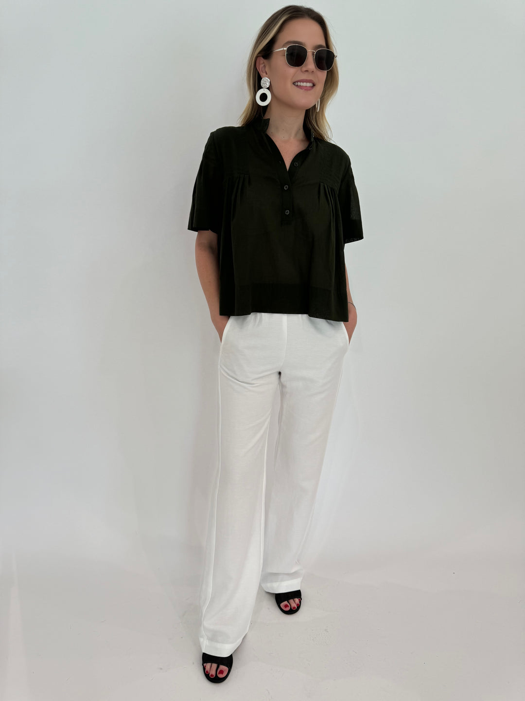 Enza Costa Twill Everywhere Pant in Off White paired with Frame Pleated Button-Up Blouse in Military