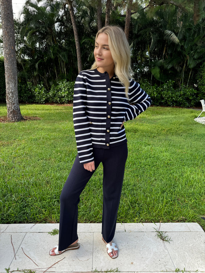 Barbara Katz Navy Dina Striped Sweater Cardigan paired with Navy Demi Full-Length Sweater Pants available at barbarakatzshop.com