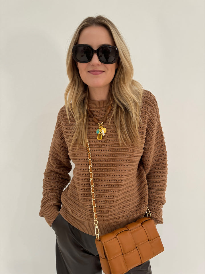 Varley Jarvis Relaxed Sweater in Golden Bronze paired with Max Mara Leisure Struzzo Vegan Leather Pants in Hazelnut, shown with BK Square Weave Leather Crossbody Bag in Camel and Lizzie Fortunato Marilla Necklace - all available at Barbara Katz