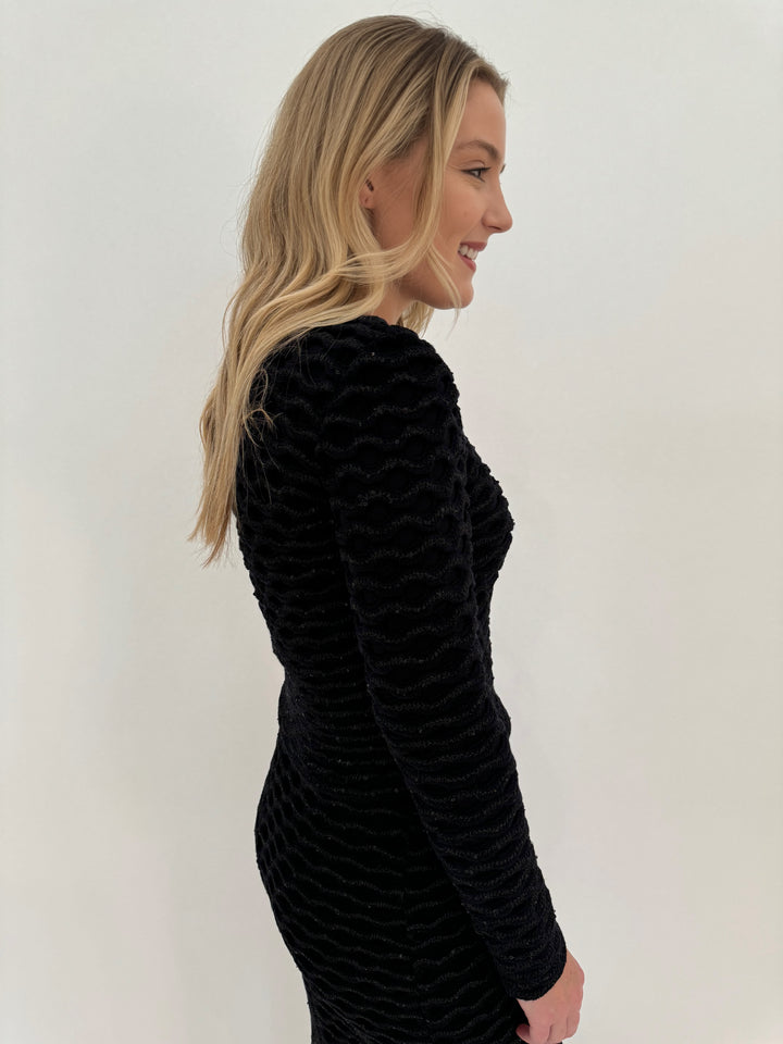 Maria Pavan Mira Wave Sequin Long Sleeve Sweater in Black with AMB Black Solid Crew Neck Second Skin Top underneath available at Barbara Katz