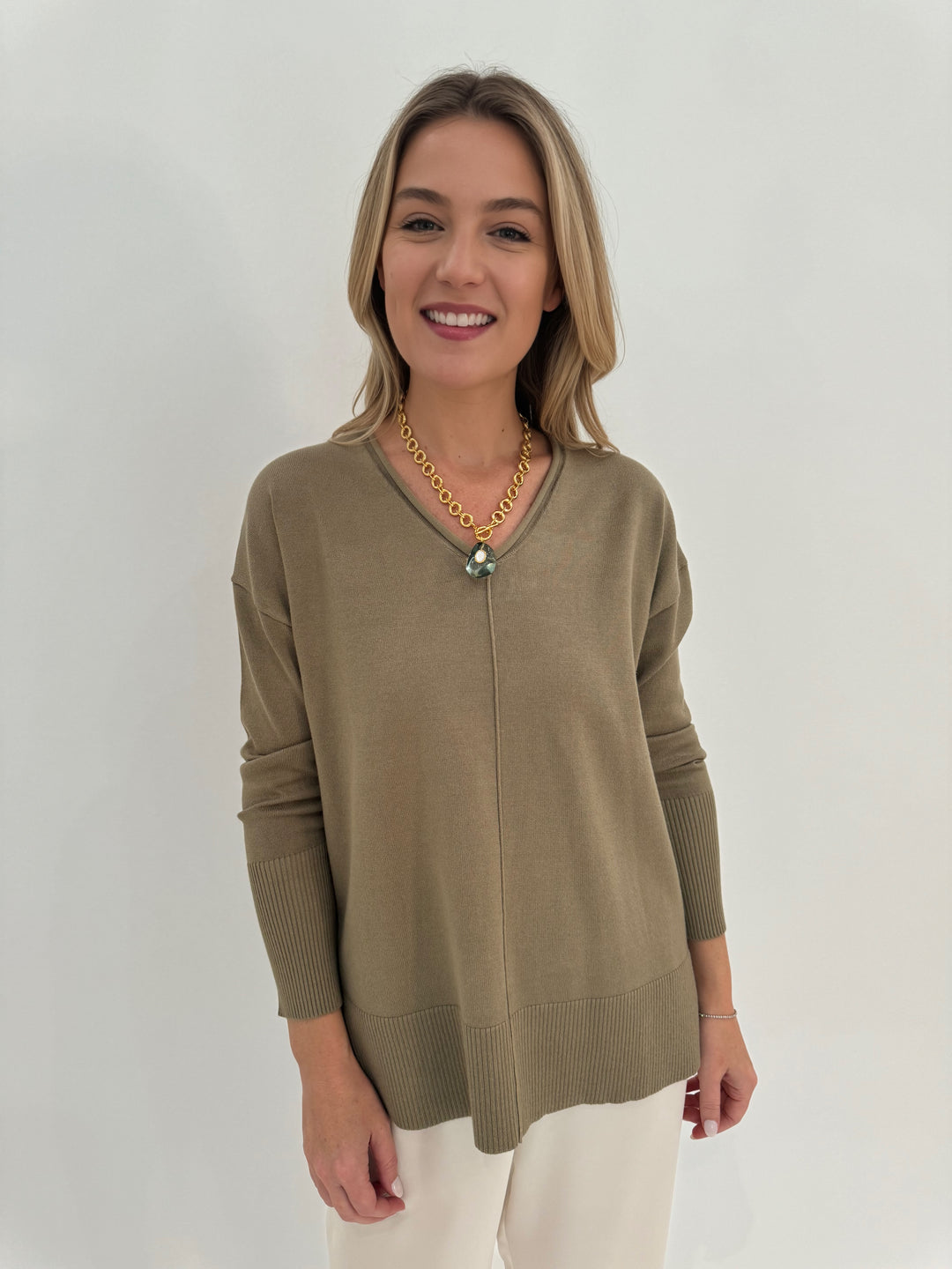 BK Selena Roll V-Neck Sweater in Fog available at Barbara Katz