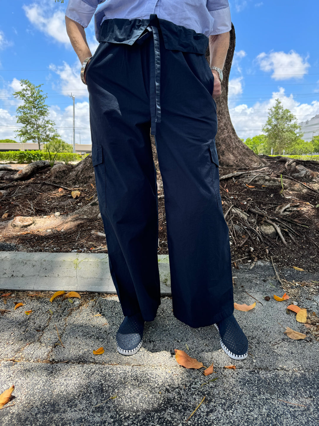 Stateside Fine Poplin Foldover Cargo Pants in New Navy, 100% cotton pull-on style pants with foldover waistband with tie and multiple pockets