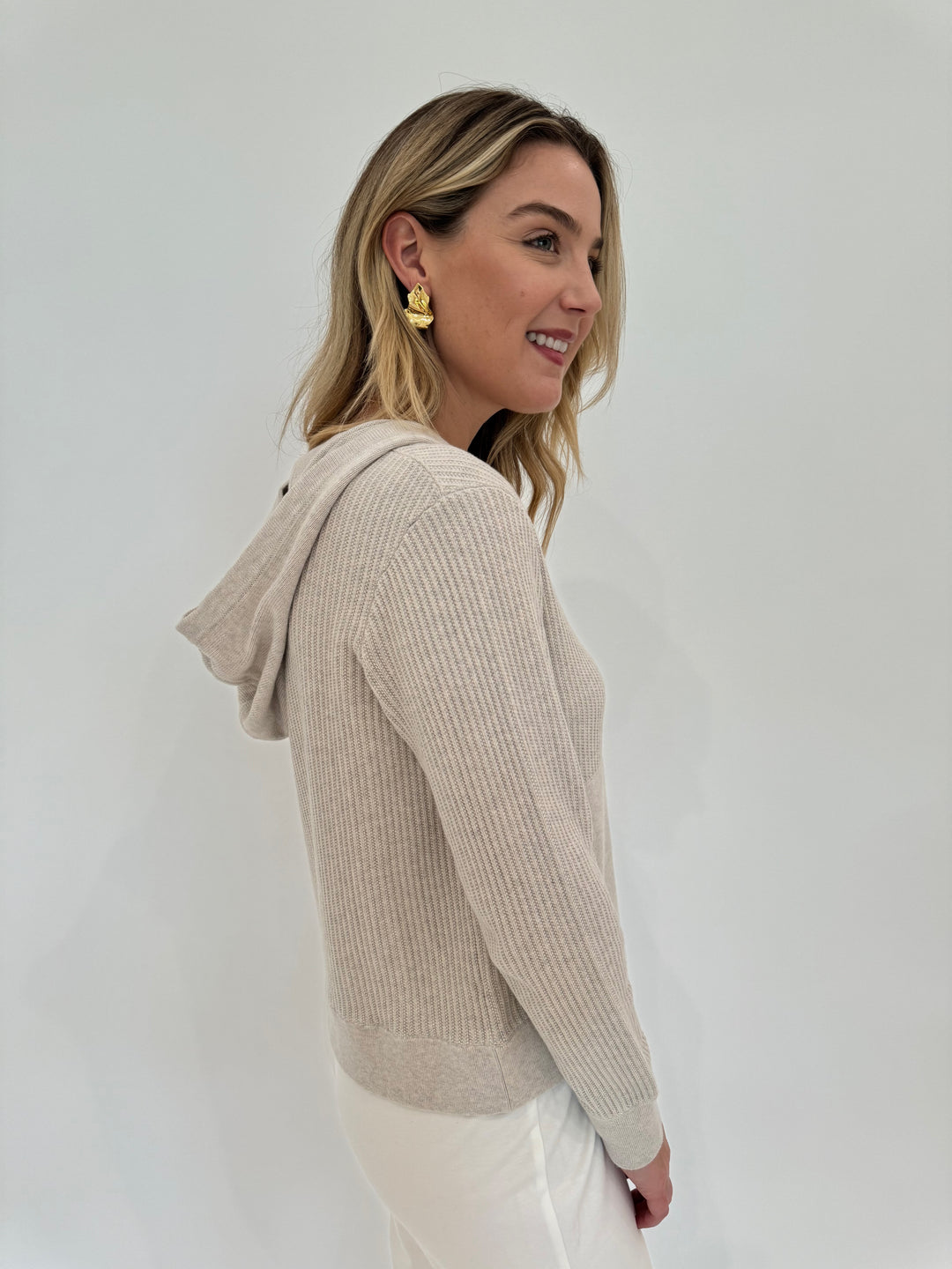 Kinross Cashmere Rib Zip Long Sleeve Hoodie in Champagne available at Barbara Katz