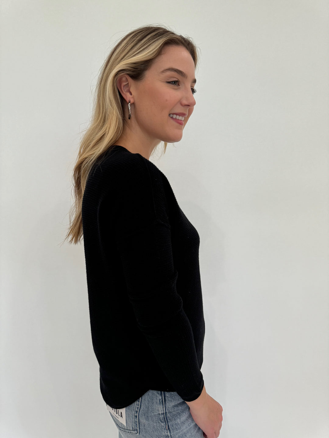 Elliott Lauren Waffle Stitch Drop Shoulder Long Sleeve Sweater in Black available at Barbara Katz