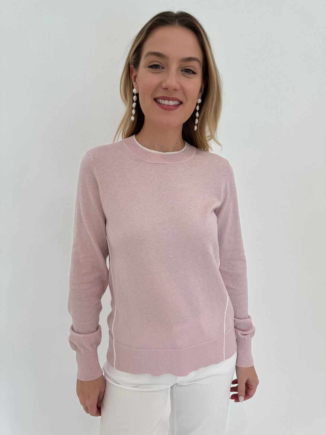 Pure Amici Metallic Crew Sweater in Petal