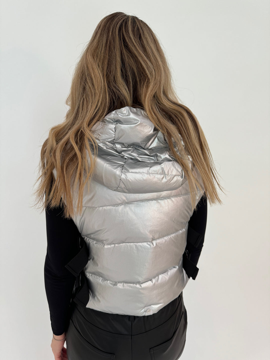 Adroit Atelier Lola Quilted Full Zip Hooded Vest in Silver available at Barbara Katz