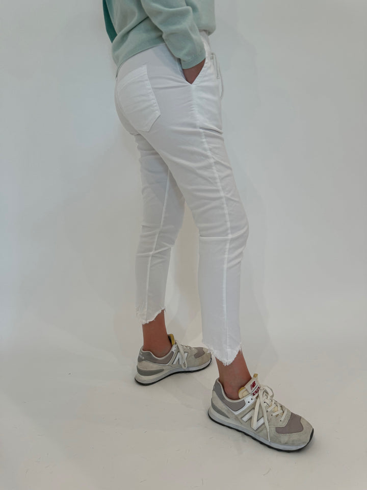 BK Kylie Distressed Fringe Hem Crinkle Jogger in White available at Barbara Katz