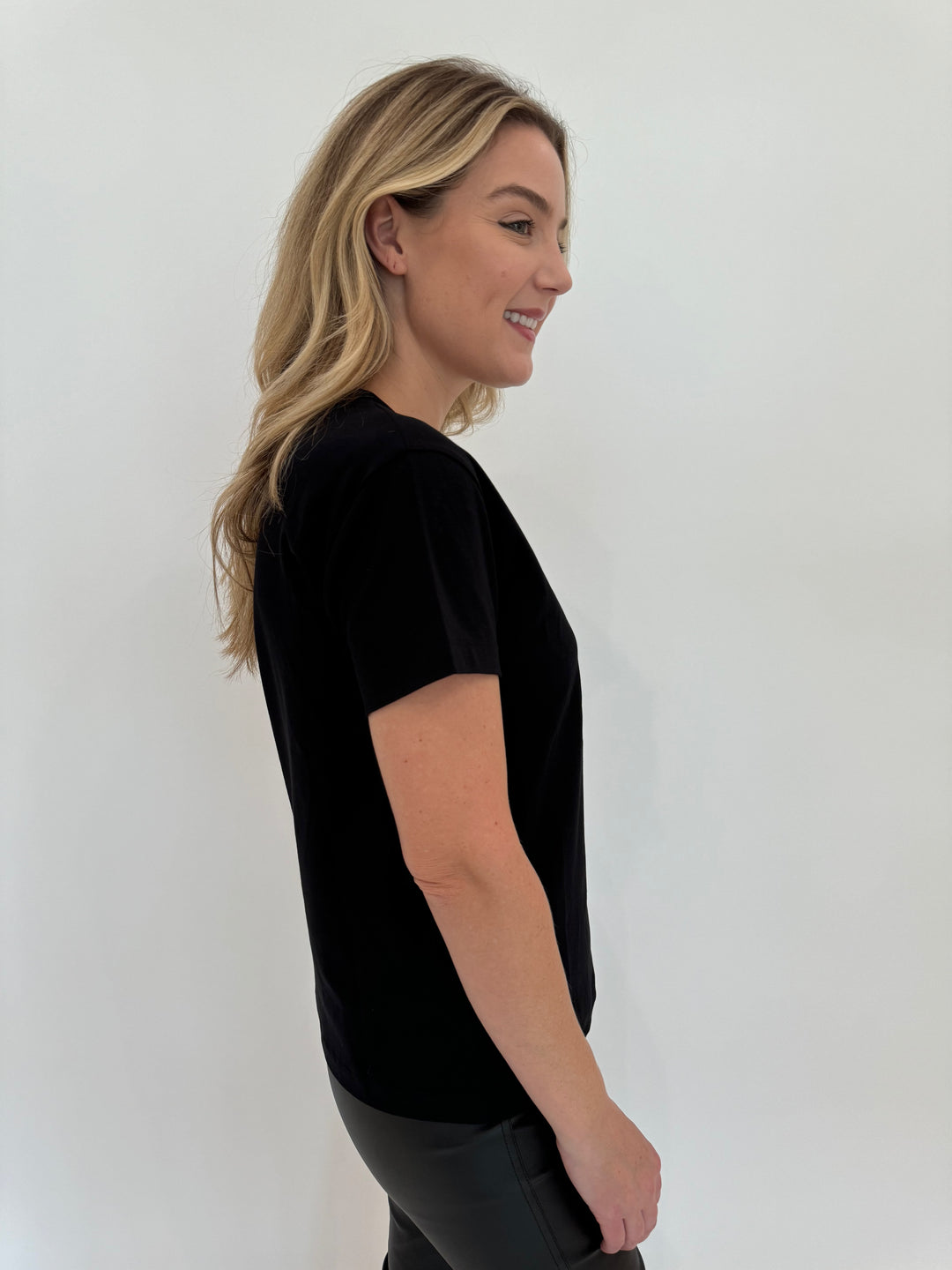 Suzi Roher Niki Black Short Sleeve Crew Tee in Good Morning Multi Print available at Barbara Katz