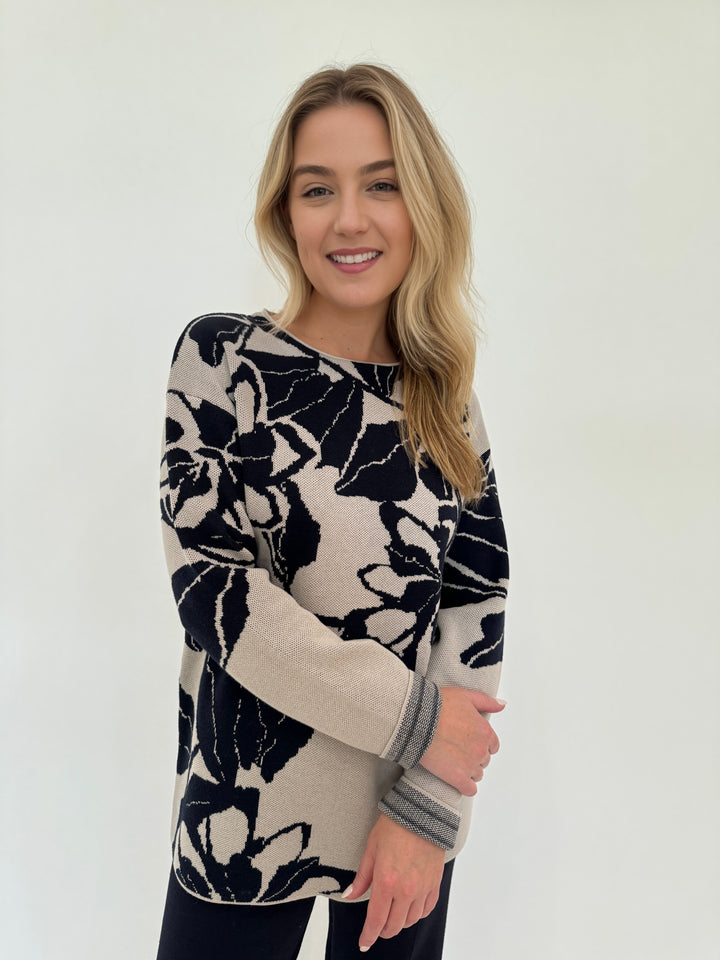 BK Leslie Flower Jacquard Sweater in Taupe available at Barbara Katz