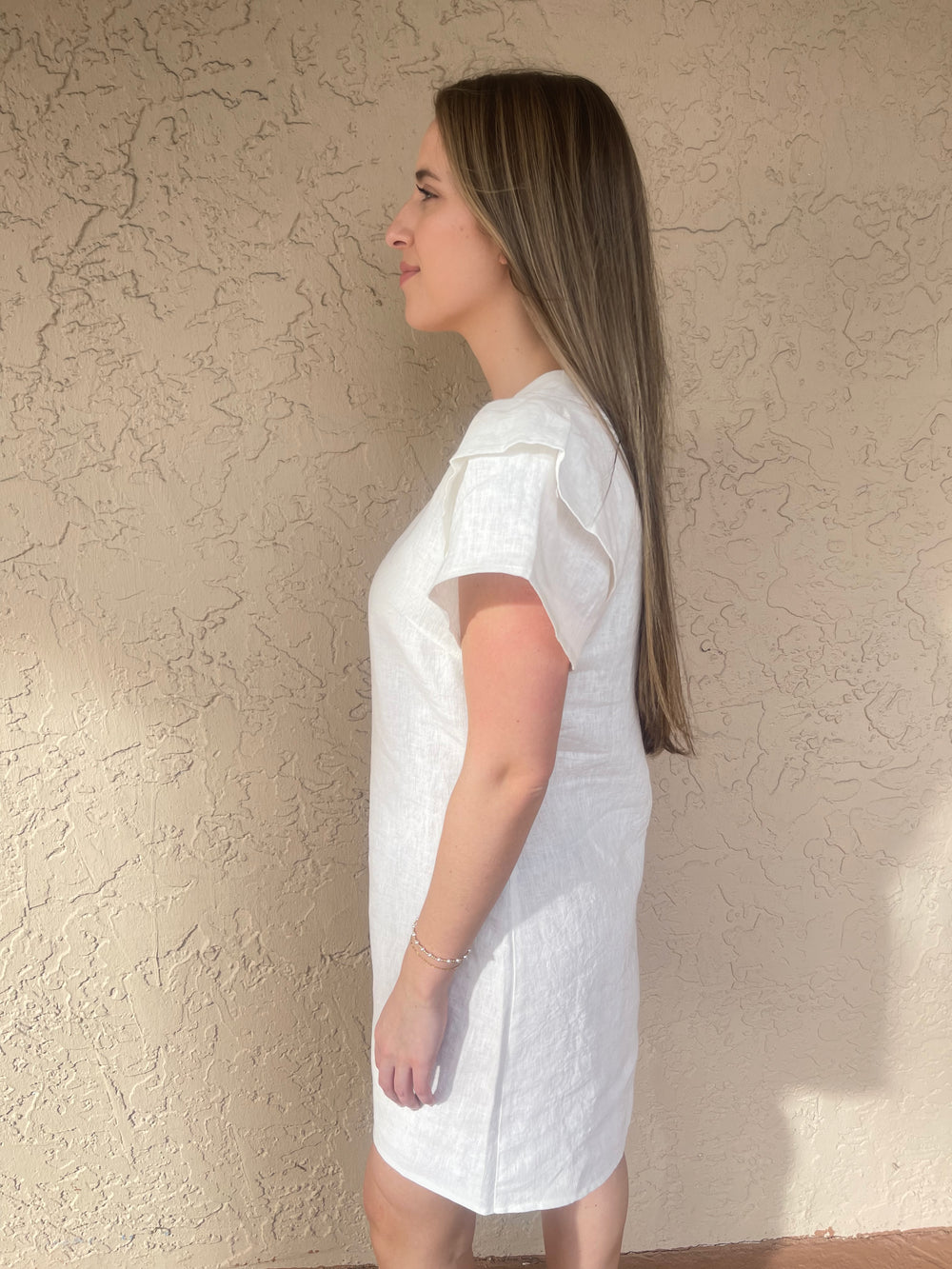 Linen Flutter Sleeve Dress - White