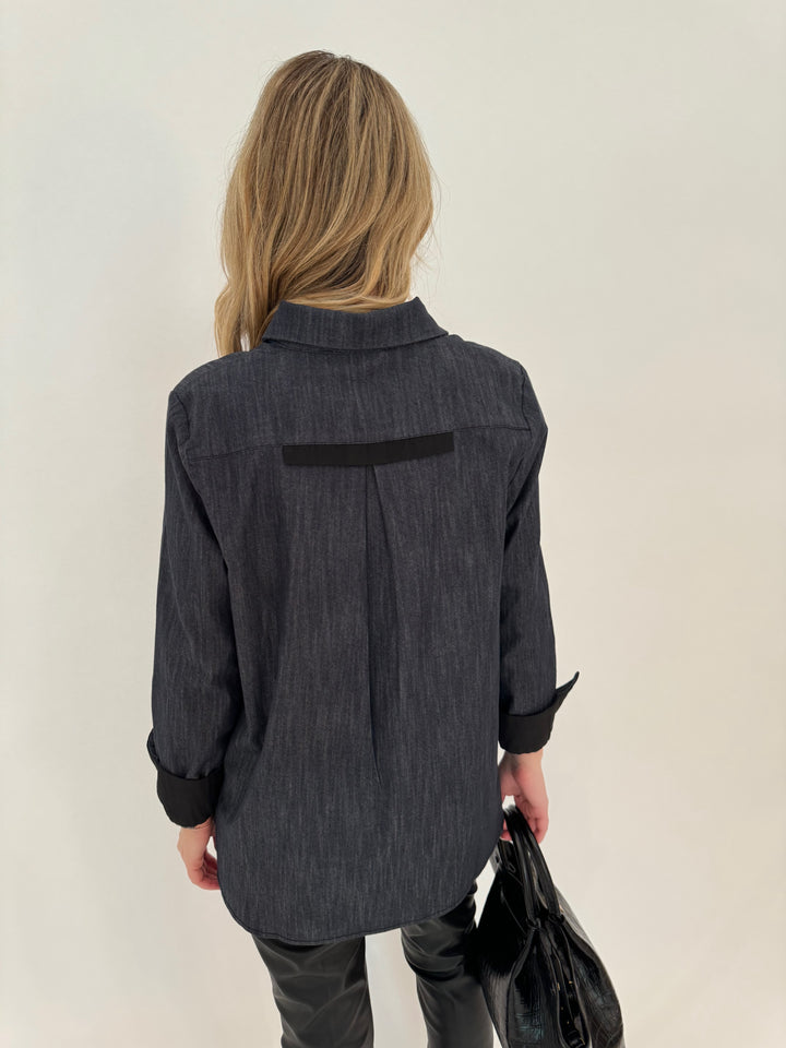 Ozai N Ku Emily Button Down Long Sleeve Shirt in Denim available at Barbara Katz