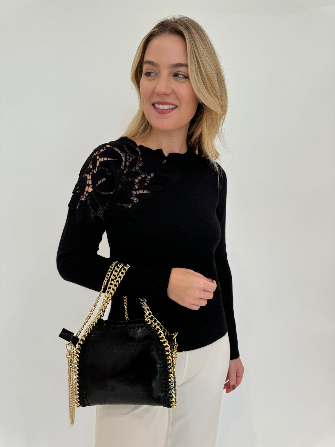 Kinross Cashmere Lace Applique Crew Sweater in Black with BK Luxe Metallic Leather Bag in Black available at Barbara Katz