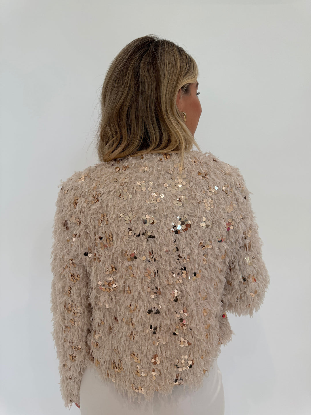 Oui Feather Optics Sequin Party Jacket in Off White/Camel available at Barbara Katz