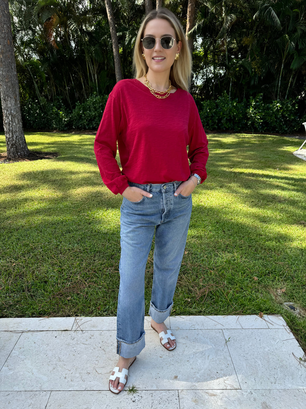 A garnet colored Elliott Lauren Balloon Sleeve Tee made of 100% cotton, with long sleeves, round neck, and ribbed trims. Perfect for casual wear. #elliottlauren #longsleeves #tee