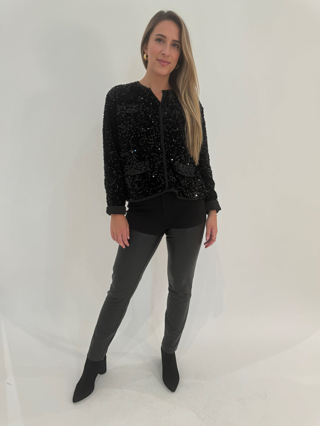 Leo & Ugo Sequin Jacket in Black paired with Generation Love Petra Vegan Leather Ponte Combo Pants available at Barbara Katz