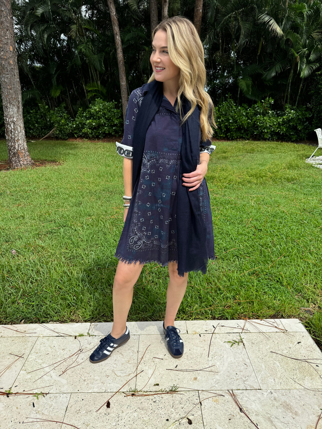 Dizzy-Lizzie Chatham Dress Indigo Bandana Print with Vilagallo Navy Wool Scarf available at Barbara Katz