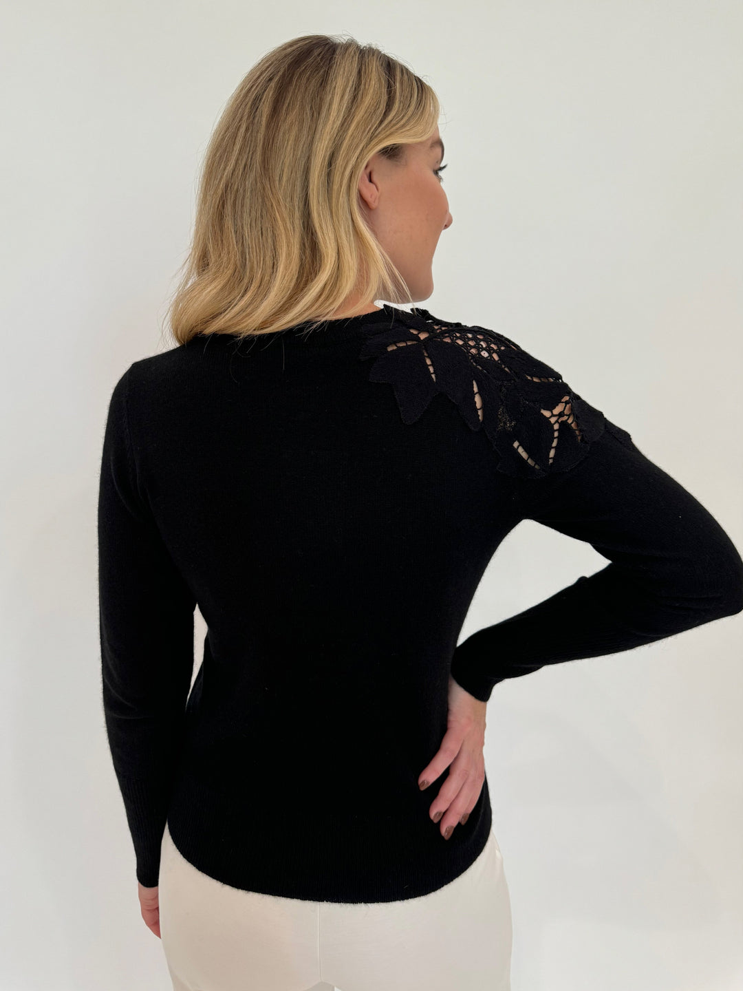 Kinross Cashmere Lace Applique Long Sleeve Crew Sweater in Black available at Barbara Katz