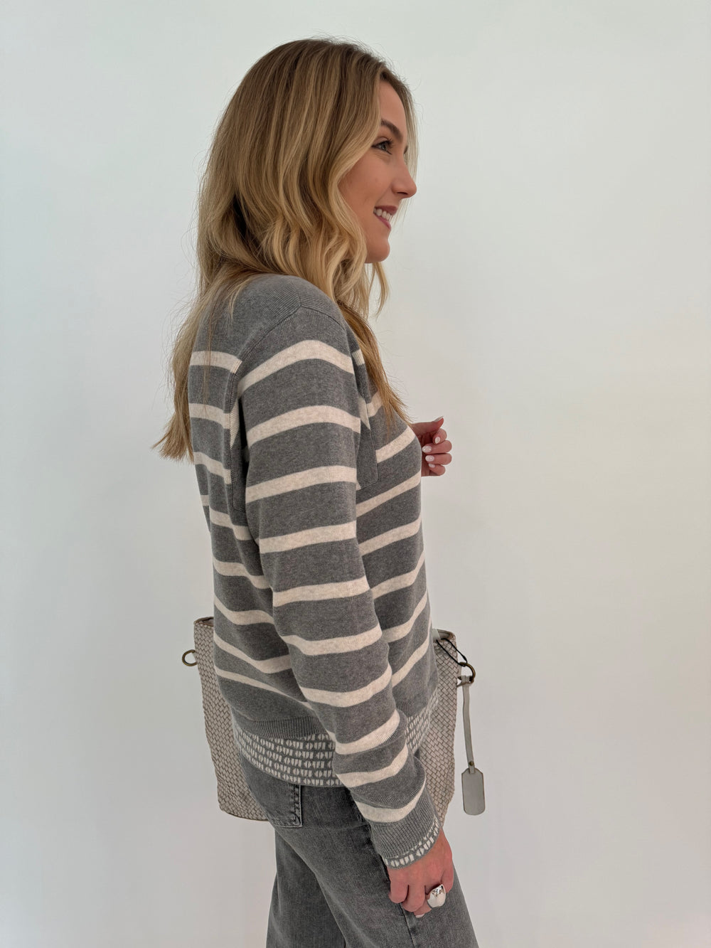 Oui Vega Stripe Double Layer Long Sleeve Sweater in Grey/White available at Barbara Katz