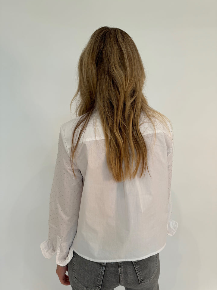 Oui Nova Long Sleeve Shirt With Studs in Optic White available at Barbara Katz