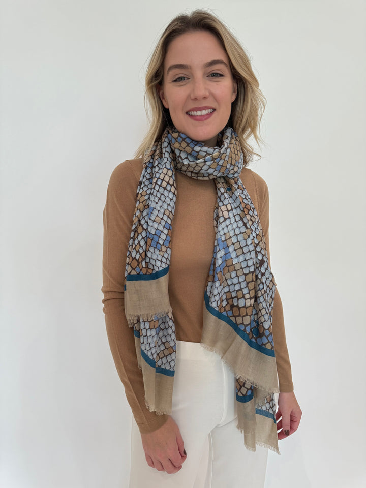 Kinross Cashmere Fitted Crew Sweater in Camel with Geo Print Scarf available at Barbara Katz