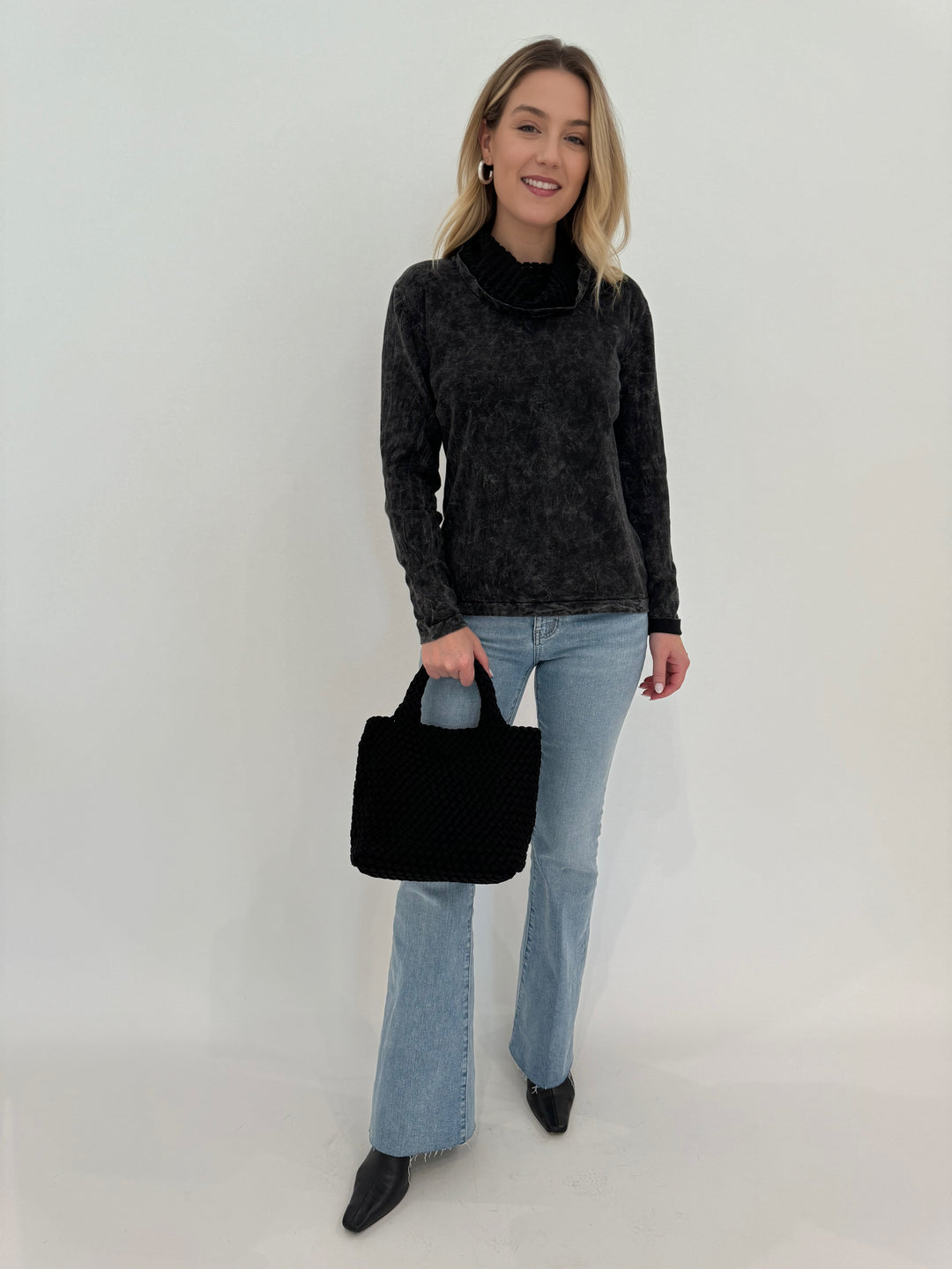 Barbara Katz Stone Wash With Mesh Sweater in Charcoal paired with Frame Le Easy Flare Raw Fray Jeans, and Sol and Selene Sy's The Limit Small Tote Bag in Black