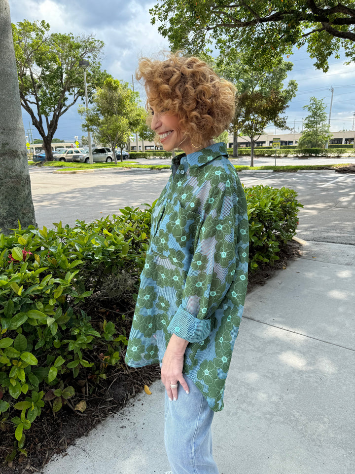 Essentiel Antwerp Festivity Blue and green floral-embroidered shirt