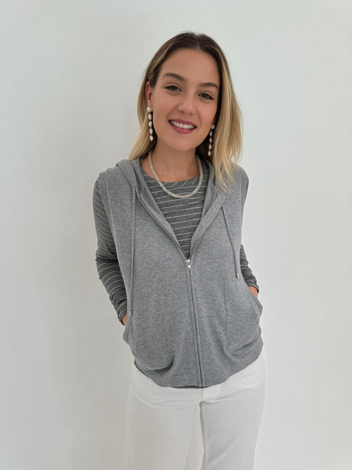 Elliott Lauren Zip Front Hoodie Vest in Heather Grey with Grey Shimmer Stripe Long Sleeve Top underneath