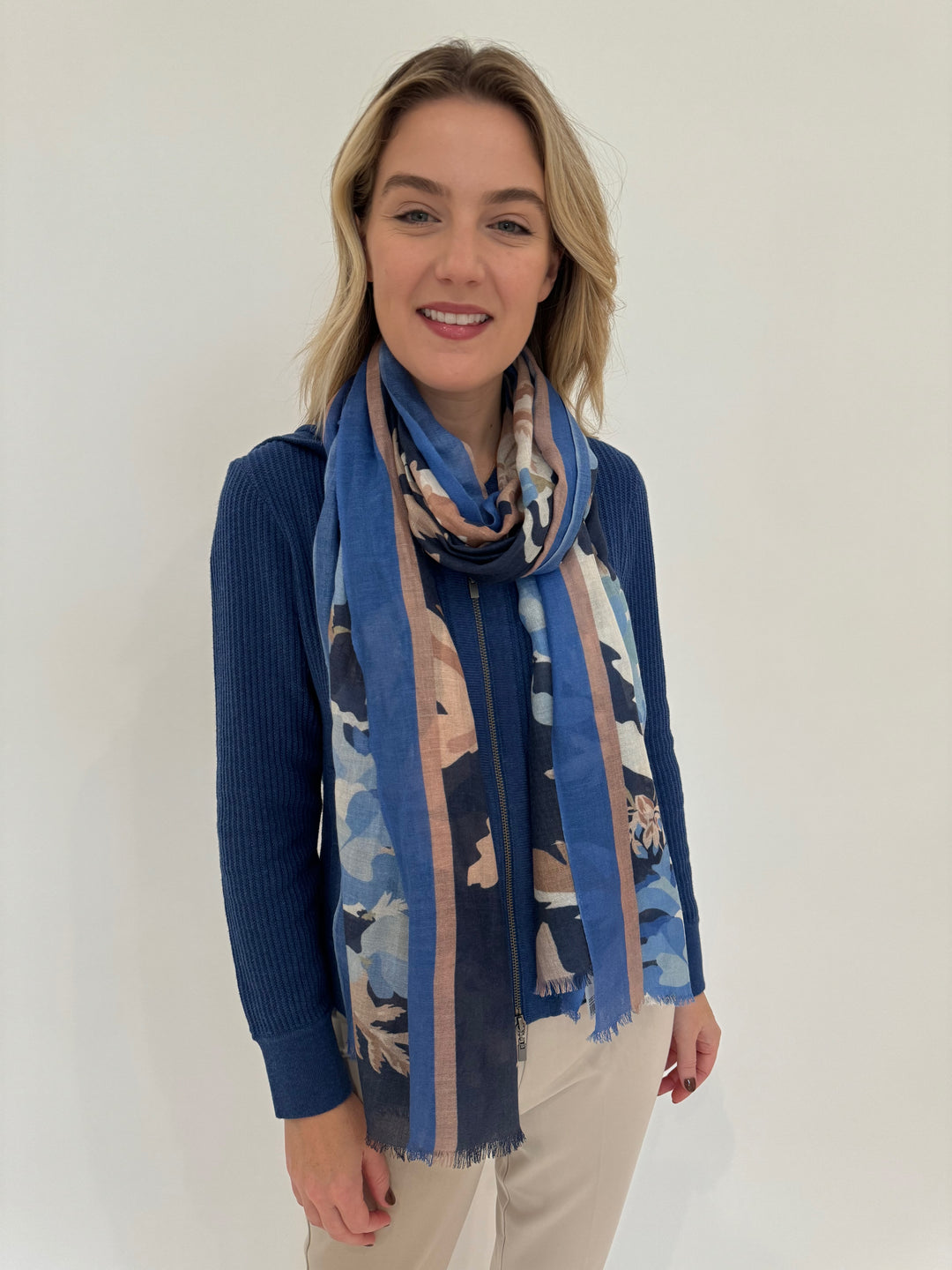 Kinross Cashmere Moody Blooms Print Scarf in Navy Multi available at Barbara Katz