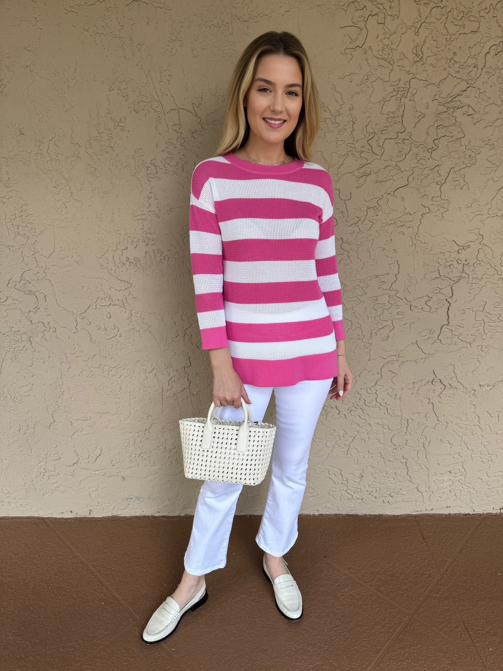 Pure Amici Stripe Slip On Crew Sweater - Pink